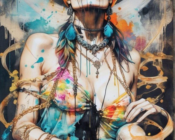 Vibrant Figure with Yellow Turban and Symbolic Elements