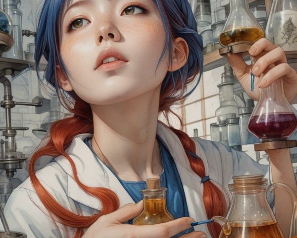Young woman in lab coat with colorful braided hair