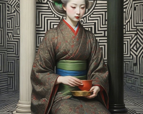 Traditional Japanese Woman in Kimono with Tea Cup