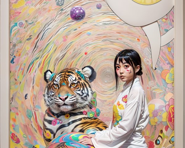 Young girl on colorful tiger in vibrant fantasy scene