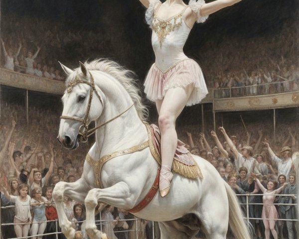 Circus Performer Balancing on White Horse in Tutu