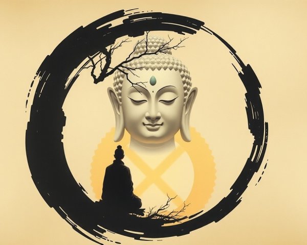 Buddha Statue Surrounded by Intricate Branches and Silhouette