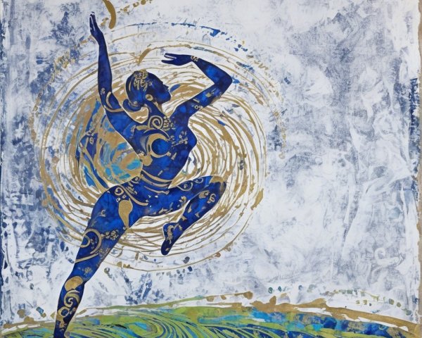 Dancer in Deep Blue with Gold Patterns and Waves