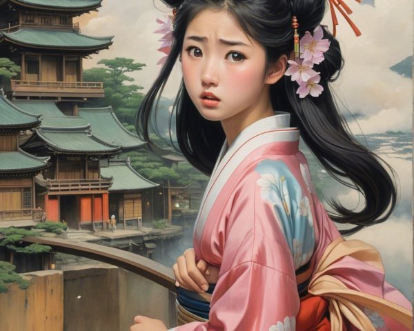 Young Woman in Kimono with Pagoda and Mount Fuji