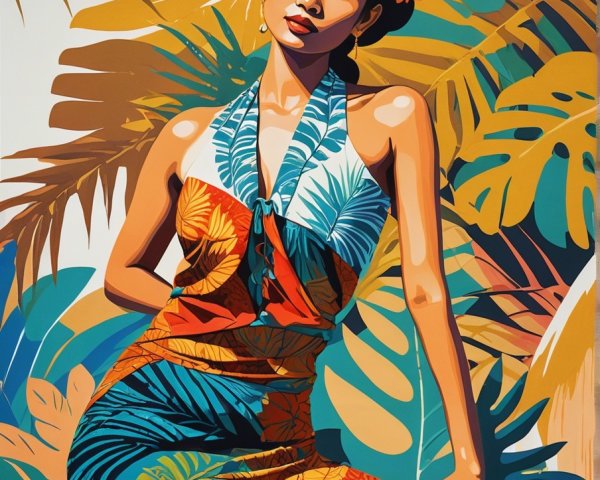 Vibrant Illustration of Woman in Tropical Foliage