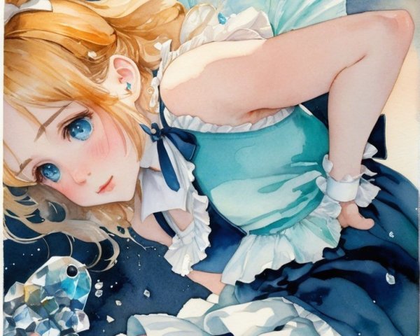 Young girl in aqua dress holds jewel-like fish at night