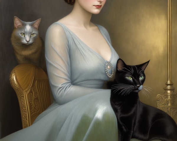 Serene Woman in Flowing Gown with Two Cats