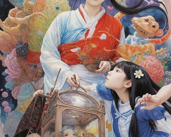 Whimsical Scene with Young Woman in Kimono and Lantern