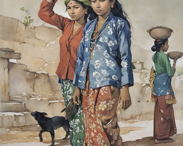Three Women in Traditional Attire with Baskets