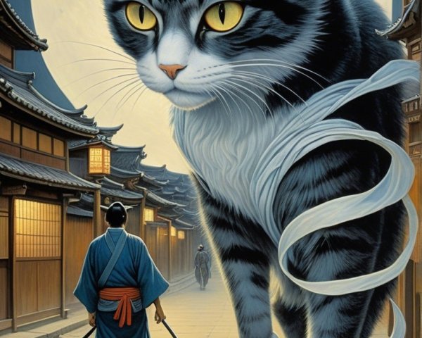 Colossal Cat Overlooks Serene Street at Night