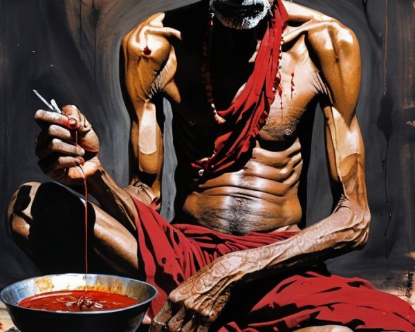 Weathered Figure in Traditional Attire with Food and Spices