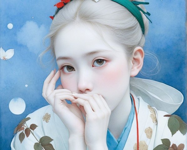 Young Woman in Floral Kimono with Serene Background
