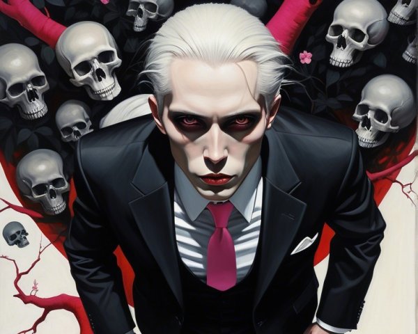 Elegant Figure in Black Suit Against Macabre Backdrop