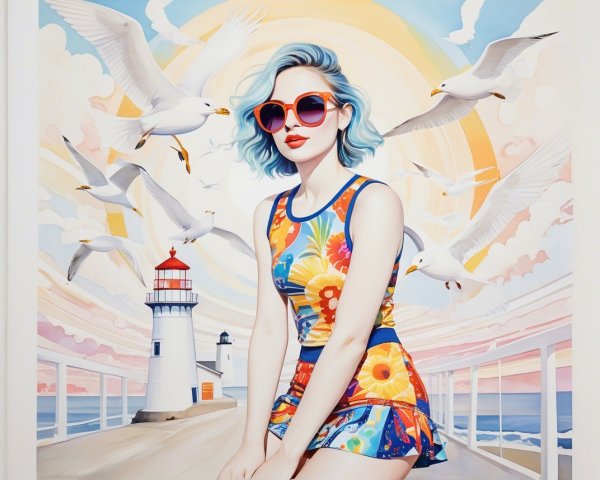 Surreal Beach Scene with Woman in Floral Swimsuit