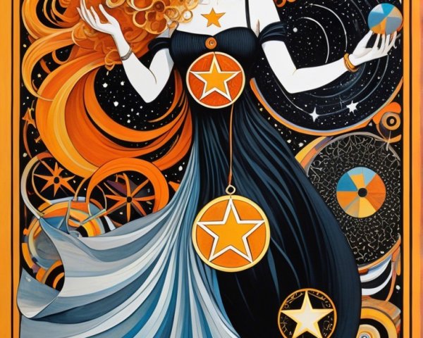 Cosmic Figure with Orange Hair and Celestial Spheres