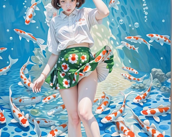 Young Woman in White Shirt Surrounded by Koi Fish