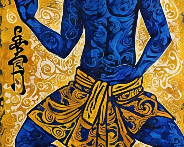 Seated Buddha in Blue with Golden Swirling Background