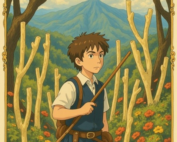 Young boy in flower-filled clearing with mountains