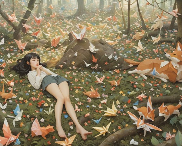 Girl in Forest Glade Surrounded by Flowers and Foxes
