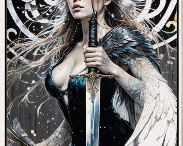 Fantasy Character with Wings and Sword in Celestial Scene