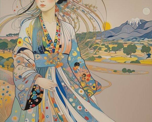 Young Woman in Kimono Against Tranquil Landscape