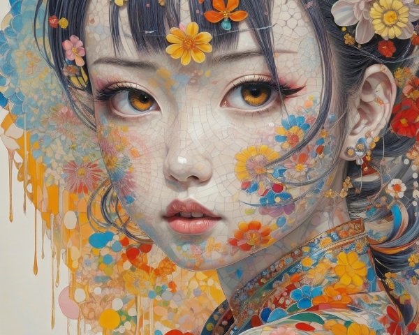 Portrait of a girl with floral skin design and gray hair