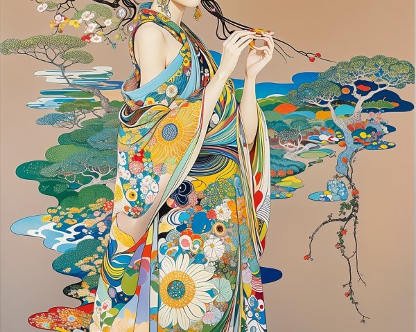 Vibrant Artwork of Woman in Flowing Kimono Amid Nature