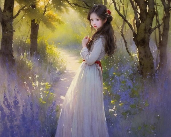 Serene Forest Path with Young Girl in Pale Dress