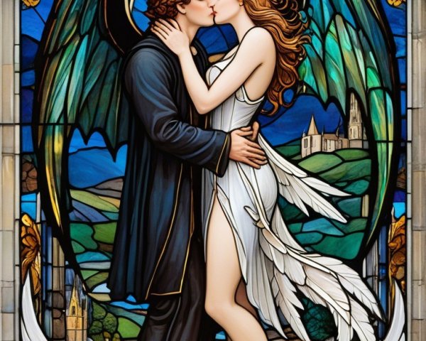 Stained Glass Artwork of Winged Embrace and Landscape