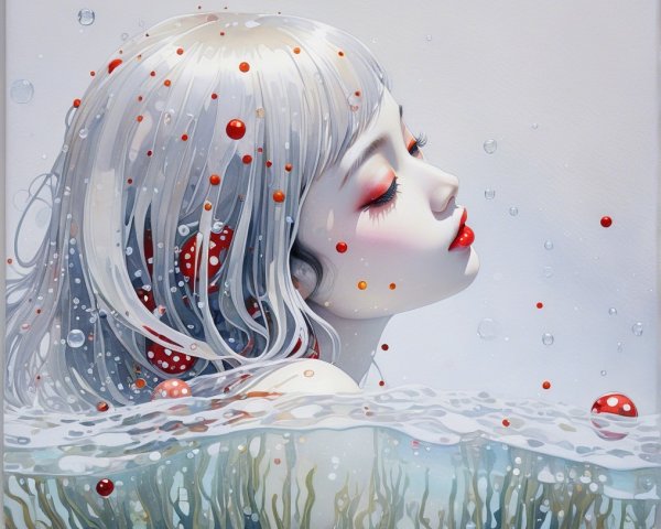 Ethereal Woman with Silver Hair in Underwater Scene