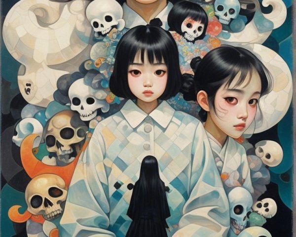 Surreal Artwork of Girls with Skulls and Florals