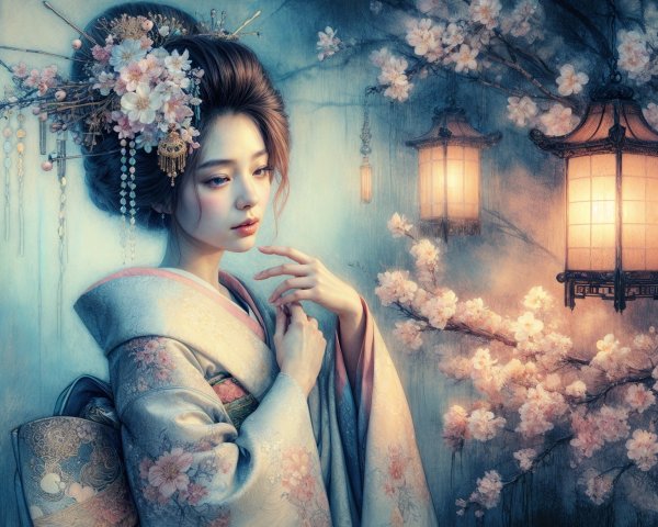 Serene Young Woman in Kimono Surrounded by Cherry Blossoms