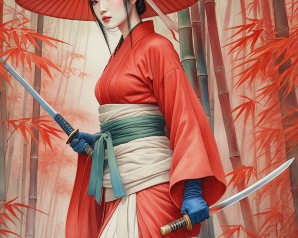 Woman in Red Kimono with Swords Among Bamboo and Leaves