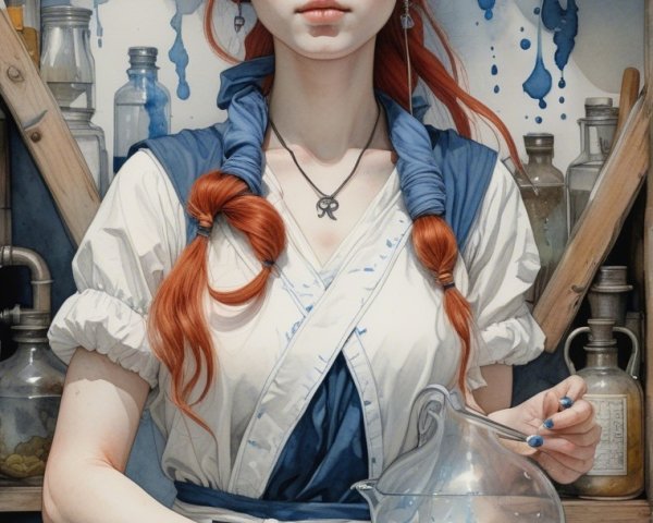Young Woman in Alchemist's Workshop with Blue Liquid