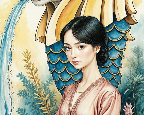 Young Woman in Pink Robe by Majestic Lion Fountain