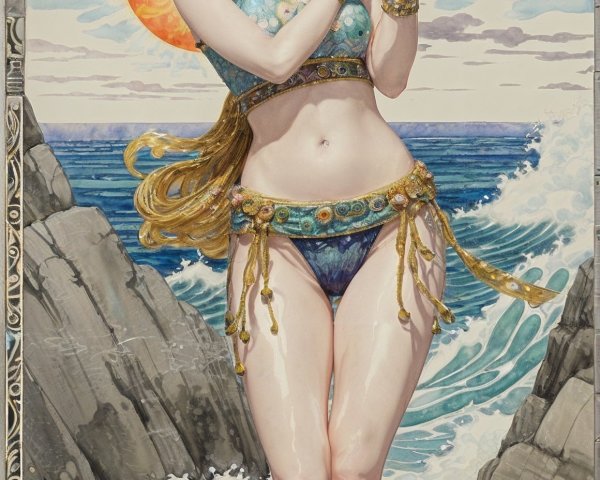 Graceful Figure on Rocky Shores with Sword and Waves