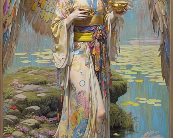 Young woman with wings in a serene pond setting