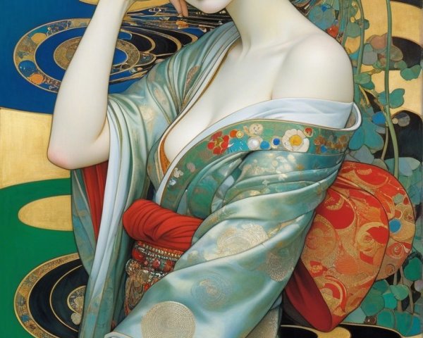 Serene Woman in Traditional Kimono with Floral Motifs