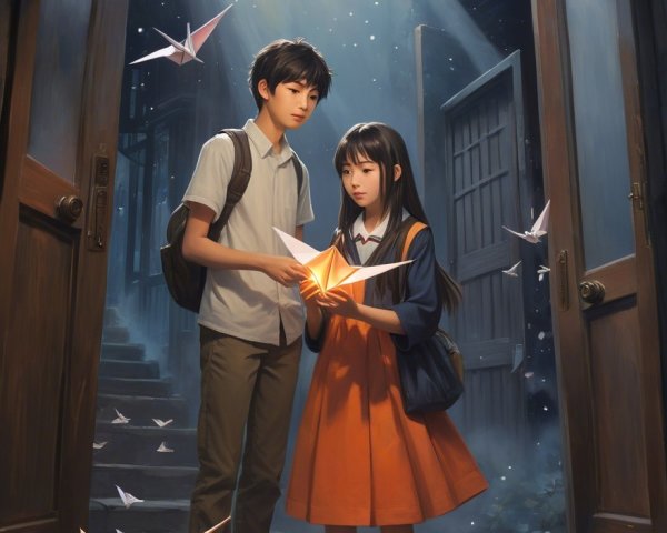 Children at an Open Door with Glowing Origami Star