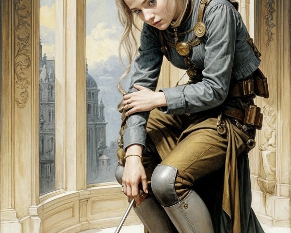 Young Woman in Victorian Steampunk Setting Examining Device