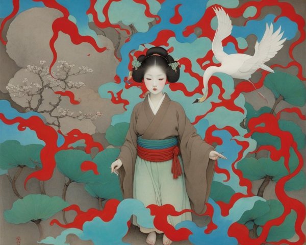 Serene figure in traditional attire with swirling clouds