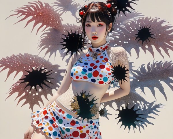 Young woman in vibrant polka-dotted outfit with makeup