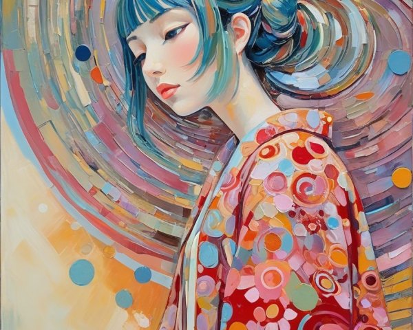 Serene Young Woman with Blue Hair in Vibrant Kimono