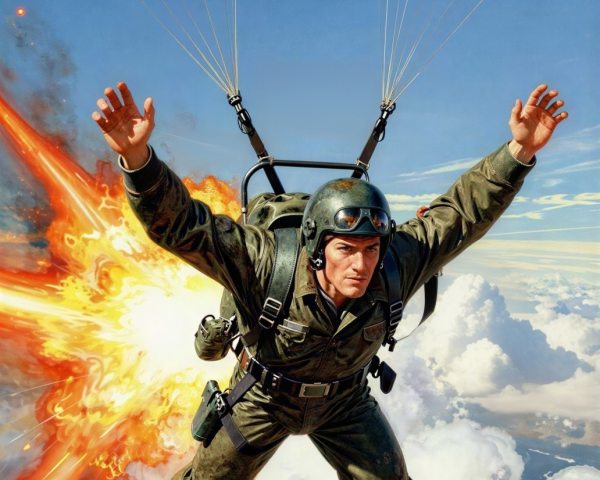 Male Paratrooper in Olive Green Uniform Mid-Air with Explosion