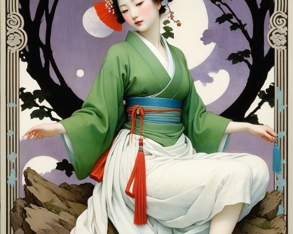 Art Nouveau Painting of a Geisha in Green Kimono