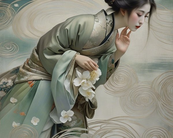 Elegant Kimono with Floral Patterns in Serene Scene