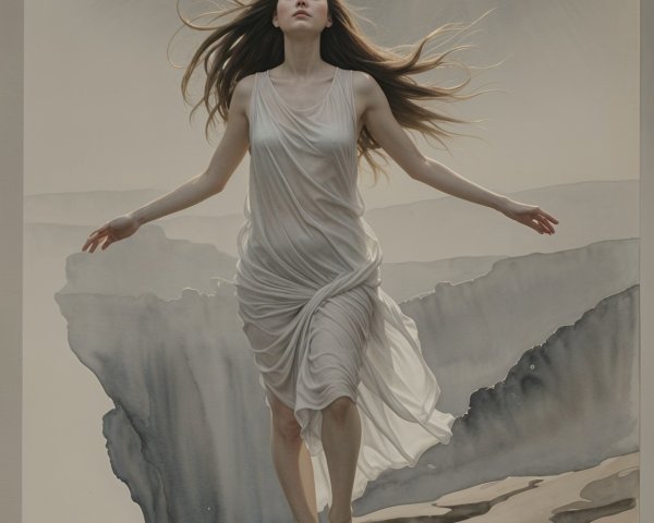 Serene Woman in White Dress on Cliff with Landscape