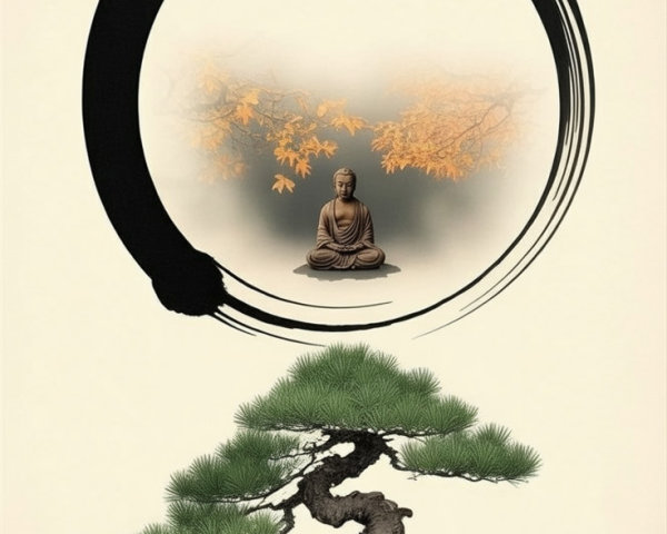 Serene Nature and Spirituality Scene with Statue and Bonsai