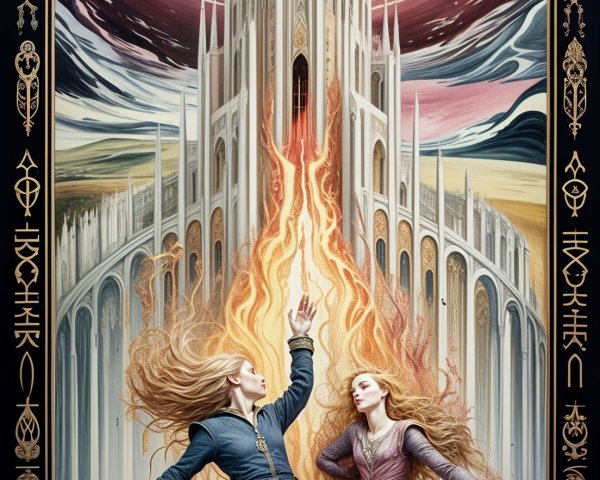 Dynamic Dance Amidst Flames and Gothic Castle