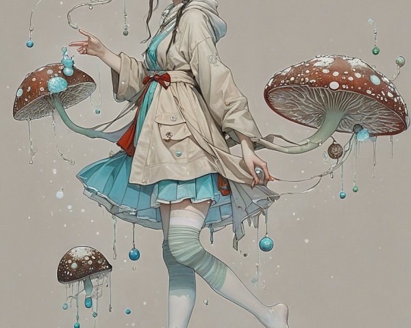 Whimsical Character Amidst Oversized Mushrooms